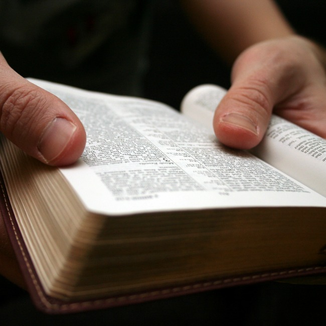 Young man reading the Bible - closeup on hands with open book