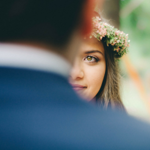 couple looking at each other at the altar