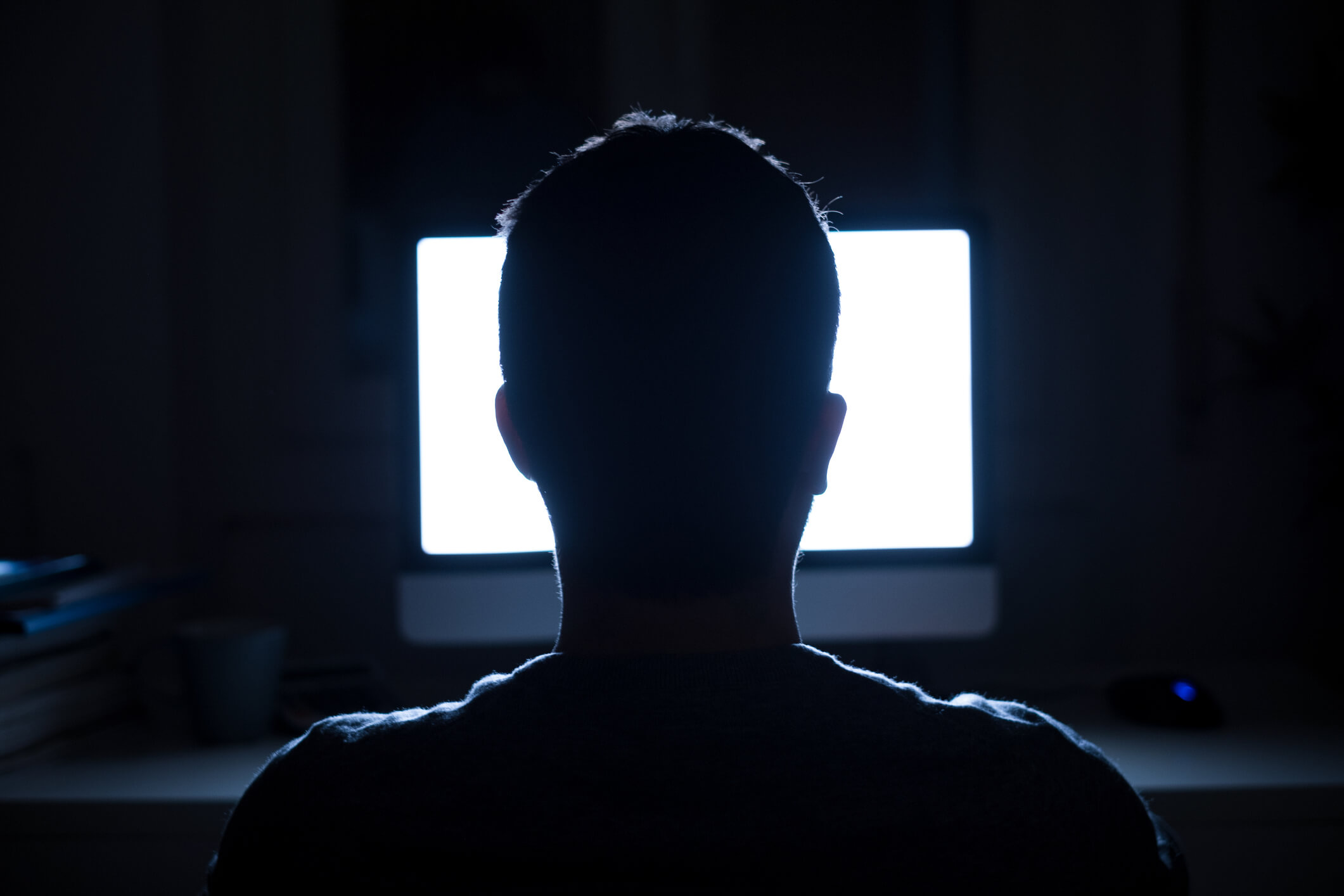 A man seated in front of his computer screen.