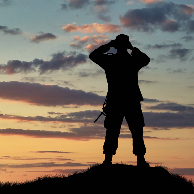 soldier looking out over sunset