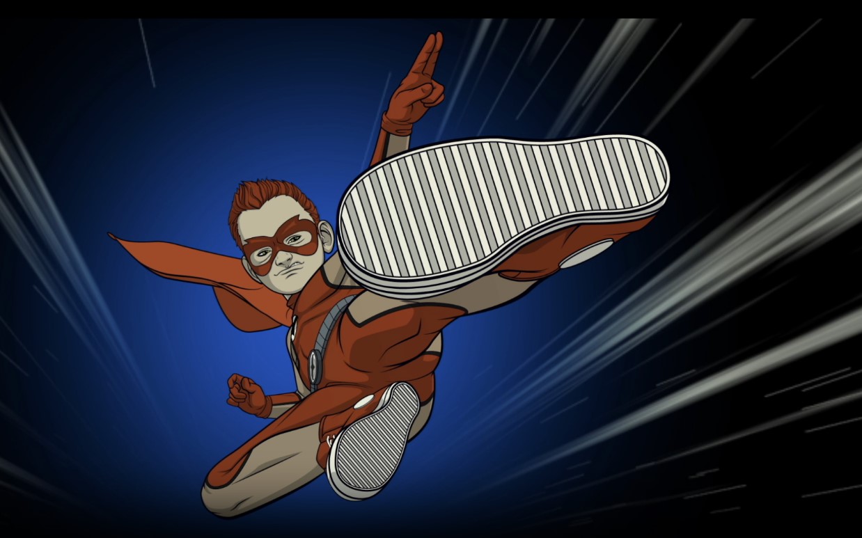 The young superhero "Sparrow" with a flying kick.