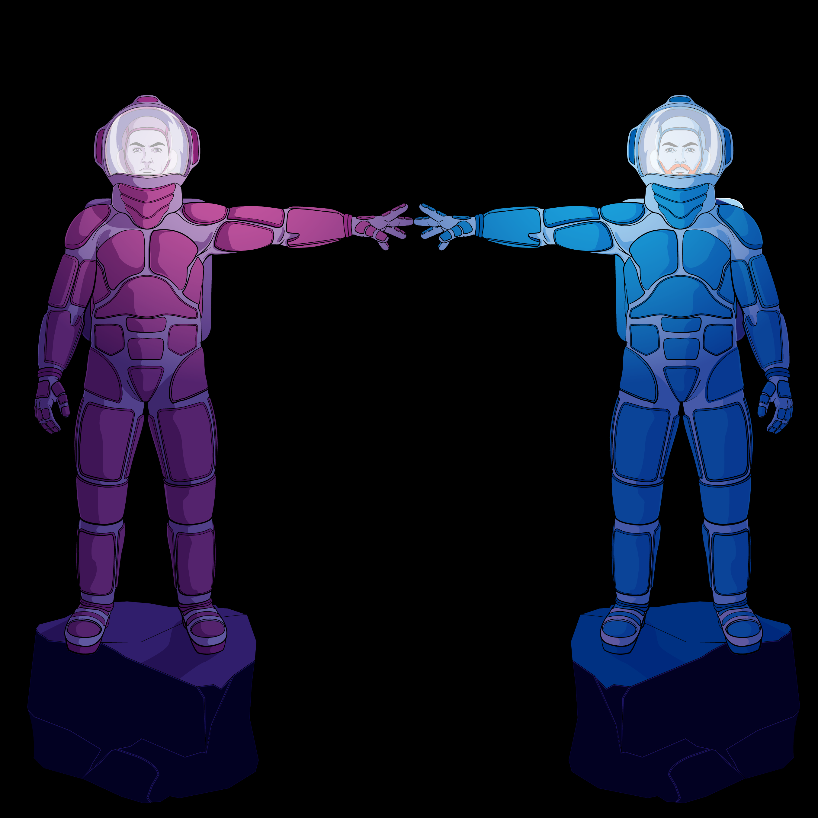 two astronauts grabbing hands