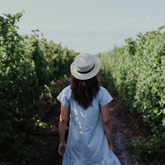 woman walking through garden hedges