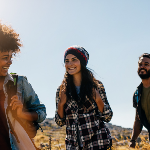 three friends walking outside