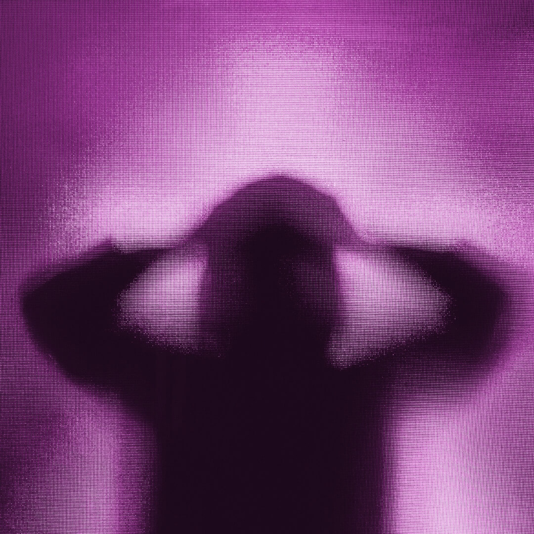 silhouette of girl with hands on head, purple glow