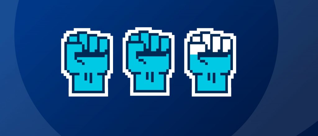 8-bit image of a row of blue fists