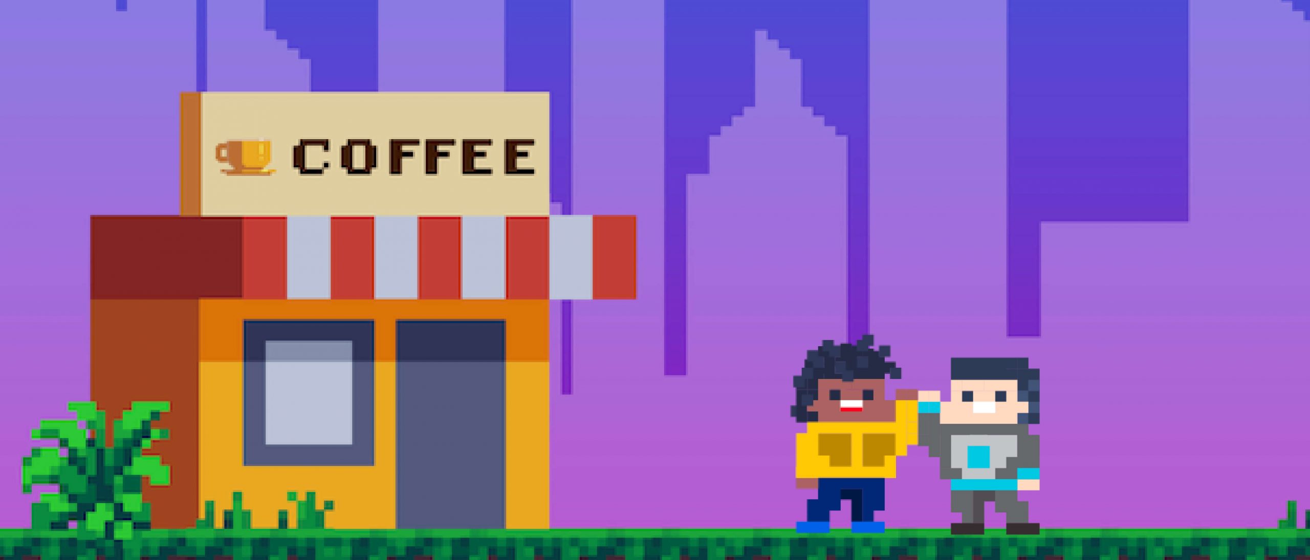 8-bit image of a man meeting his friend for coffee.