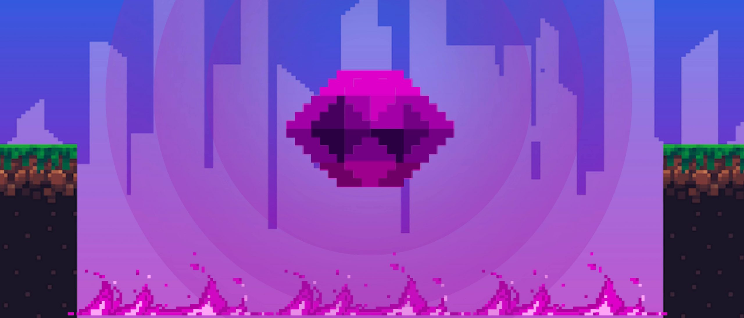 8-bit image of a purple rock hovering over a pit..