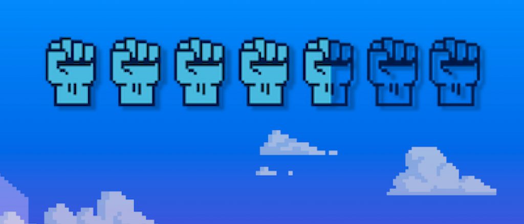 8-bit graphic of raised fists indicating willpower.