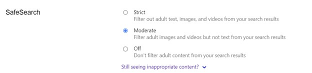 Bing safe search settings.