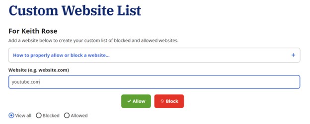 Covenant Eyes custom block list blocking Youtube.  