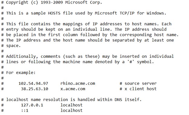 Screenshot of the sample HOSTS file for Windows. 