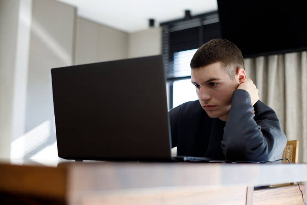 Teenage boy using the computer alone.