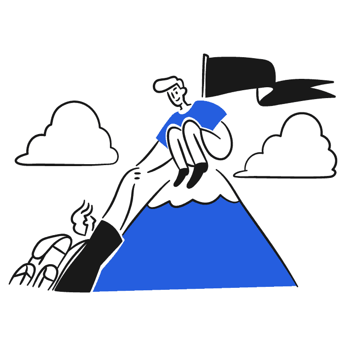 An illustration of a man helps his friend up a mountain.