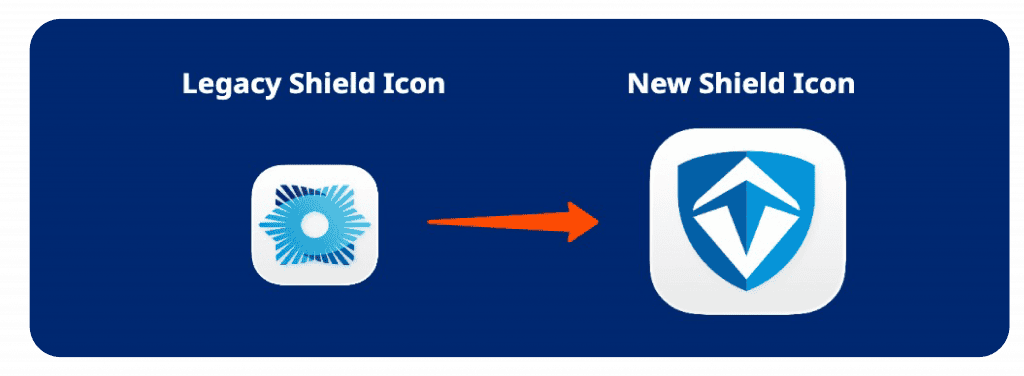 Legacy Shield Icon (the "Covenant Eyes" star) compared to the New Victory Shield Icon (a white diamond-shaped Victory compass within a blue shield).