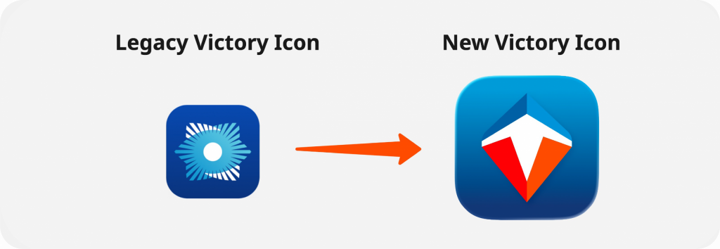 Legacy Victory Icon (the "Covenant Eyes" star) compared to the New Victory Icon (a Dimond-shaped compass with blue, red, and orange highlights; a white arrow in the center points forward.)