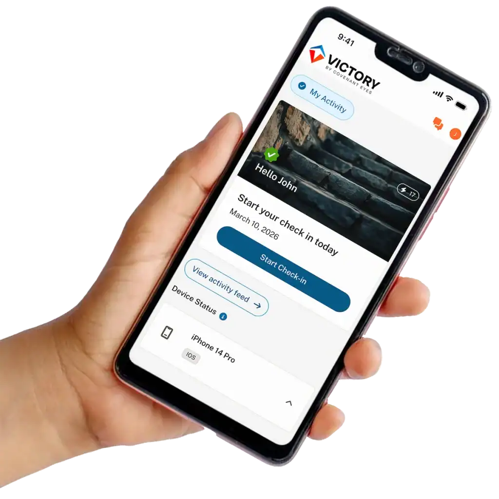 A phone displays the Victory App displaying the home screen.