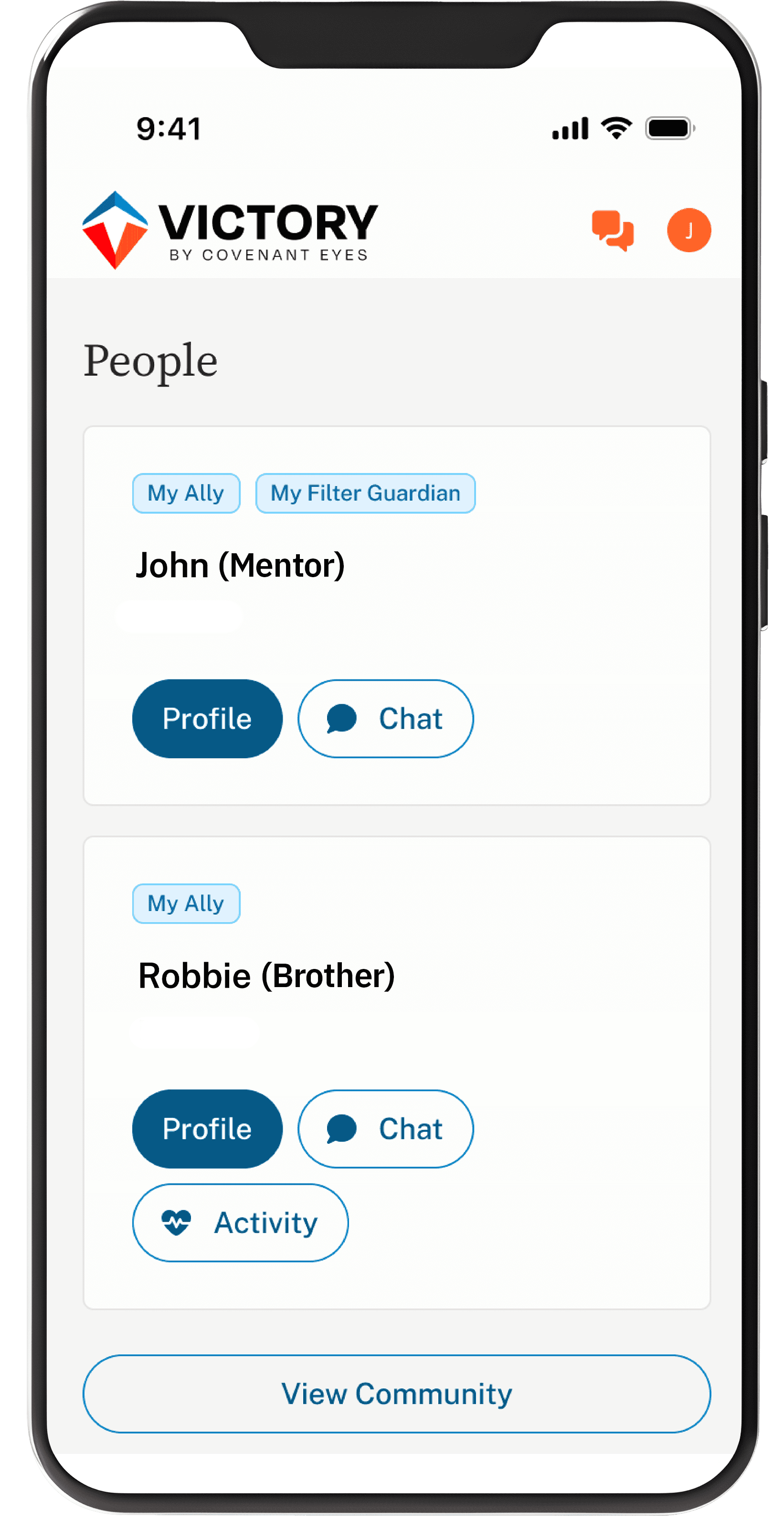An iPhone showing a Victory member's "People" listings of allies.