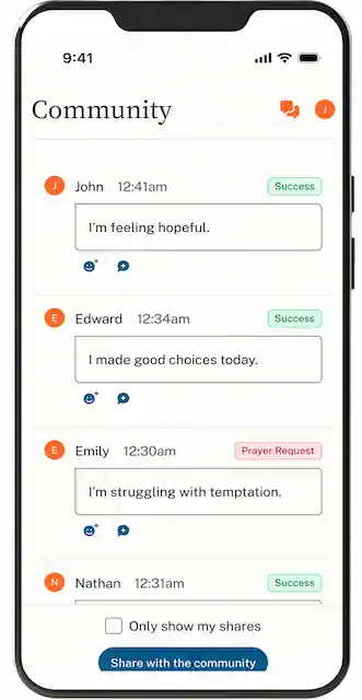An iPhone showing a Victory member's "Community" screen posts from members sharing successes and prayer requests.