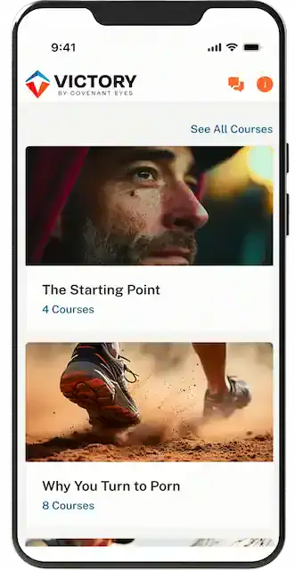 An iPhone showing a Victory member's "Lessons" listings, including the first lesson called "The Starting Point."
