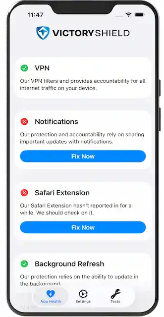 An iPhone showing a Victory member's Victory Shield settings panel, including VPN, Notifications, and Safari Extension options.