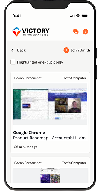 An iPhone showing a Victory member's "Activity" screen with an example of a Victory-blurred out screenshot.
