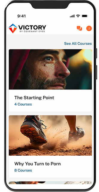An iPhone showing a Victory member's "Lessons" listings, including the first lesson called "The Starting Point."