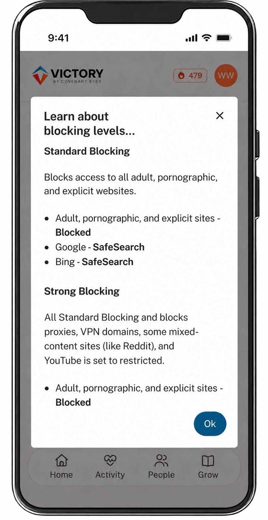 An iphone shows a screenshot of the "Learn about blocking levels..." from the in-app information section.