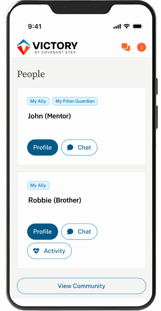 An iPhone showing a Victory member's "People" page and list of allies.