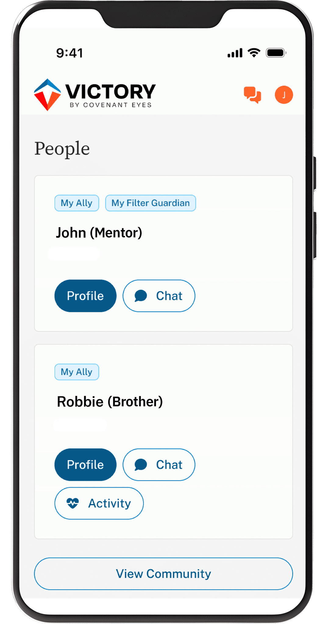 An iPhone showing a Victory member's "People" page and listi of allies.
